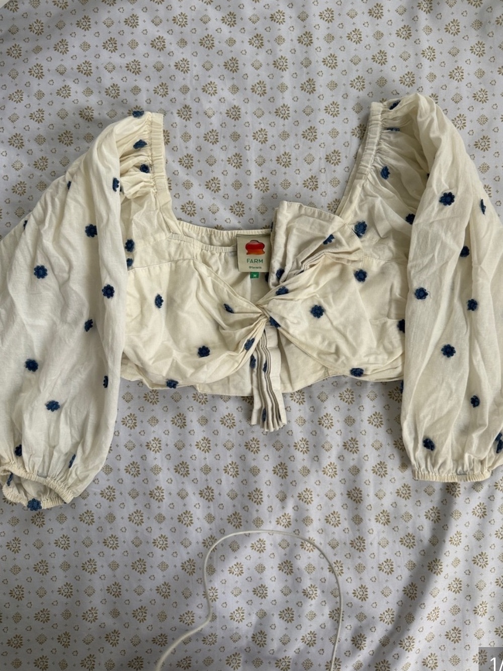 FARM Rio Cream Cropped Puff-Sleeve Top with Blue Embroidery